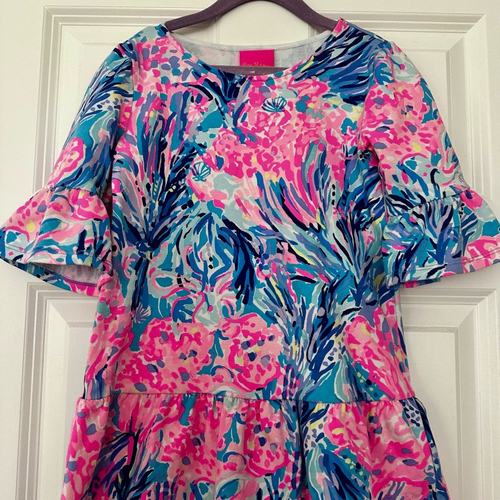 Lilly Pulitzer Girls Sorrento Dress | Bright Pink & Blue Print | Ruffle Sleeves